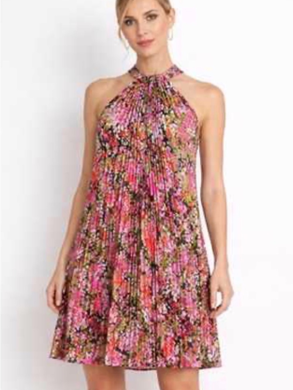 DKNY Floral Pleated Halter Mini Dress in Pink, Red & Green